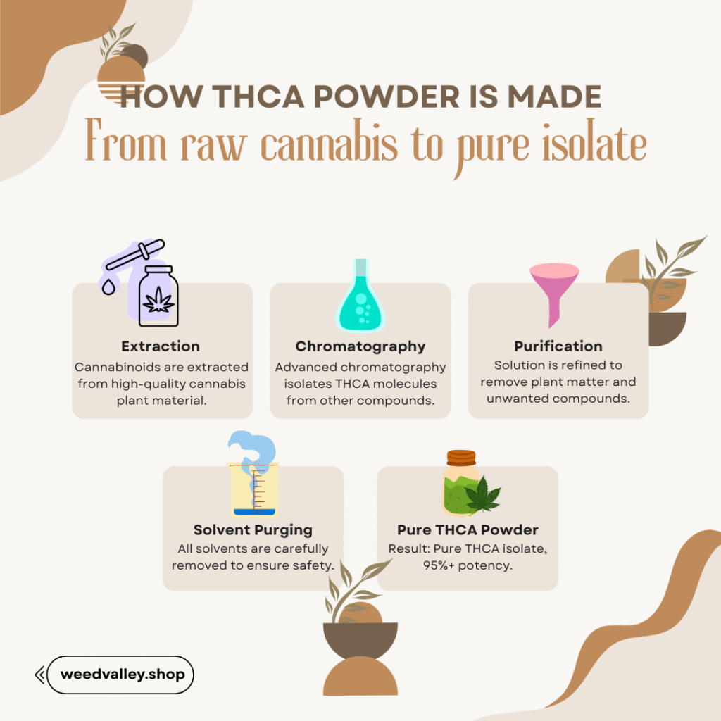 Step-by-step process of making THCA powder from raw cannabis into pure isolate