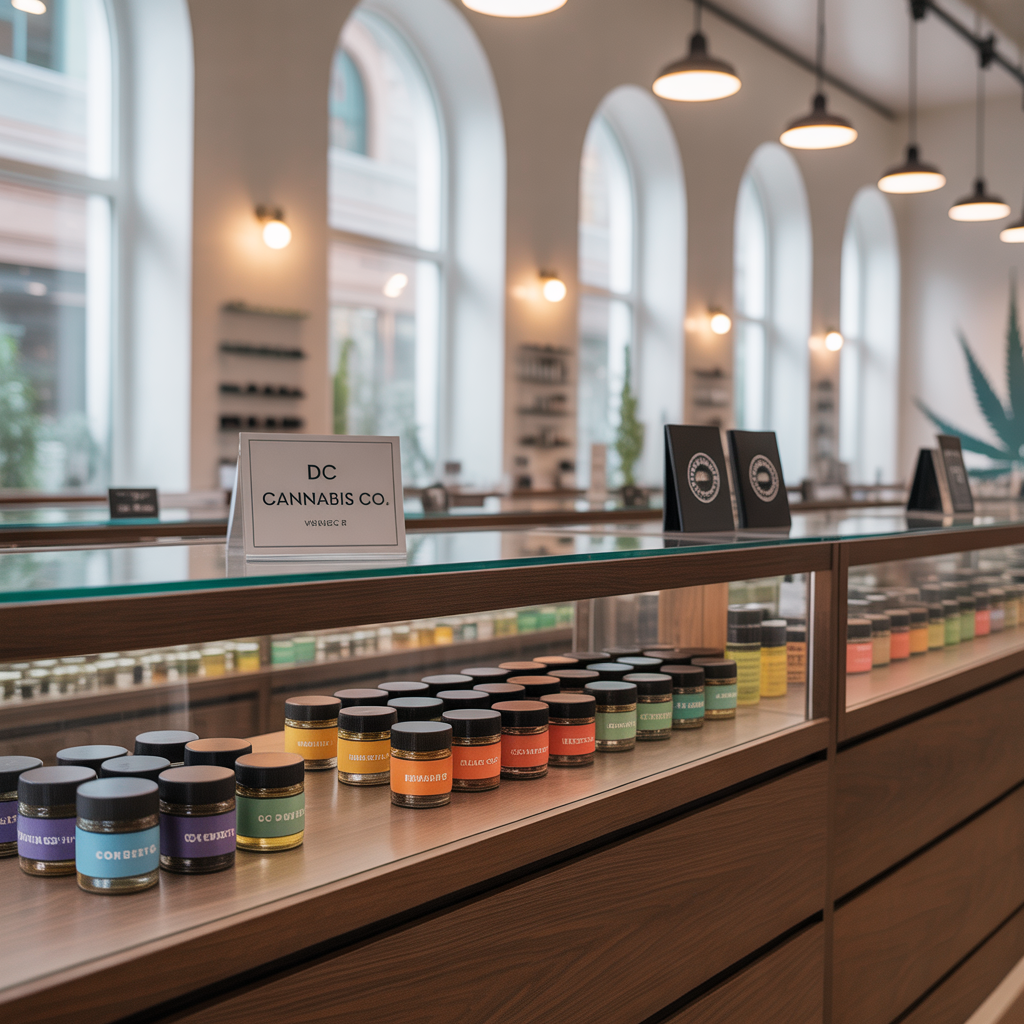 Interior of a modern Washington DC cannabis dispensary showcasing premium concentrates and extracts.