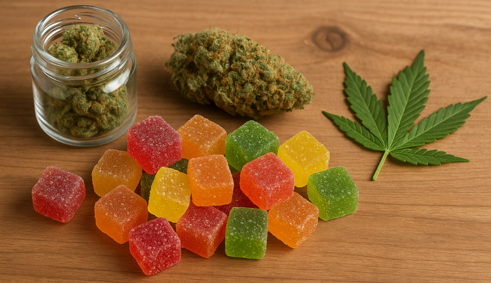 Photo of colorful THCP cannabis gummies on a wooden surface, highlighting edible cannabis products