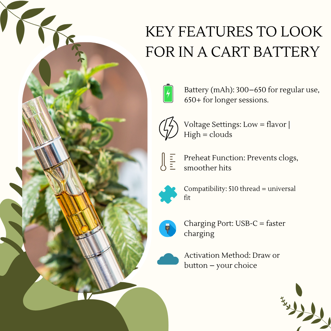Infographic showing key features of a cart battery including mAh capacity, voltage settings, preheat function, compatibility, charging port, and activation method