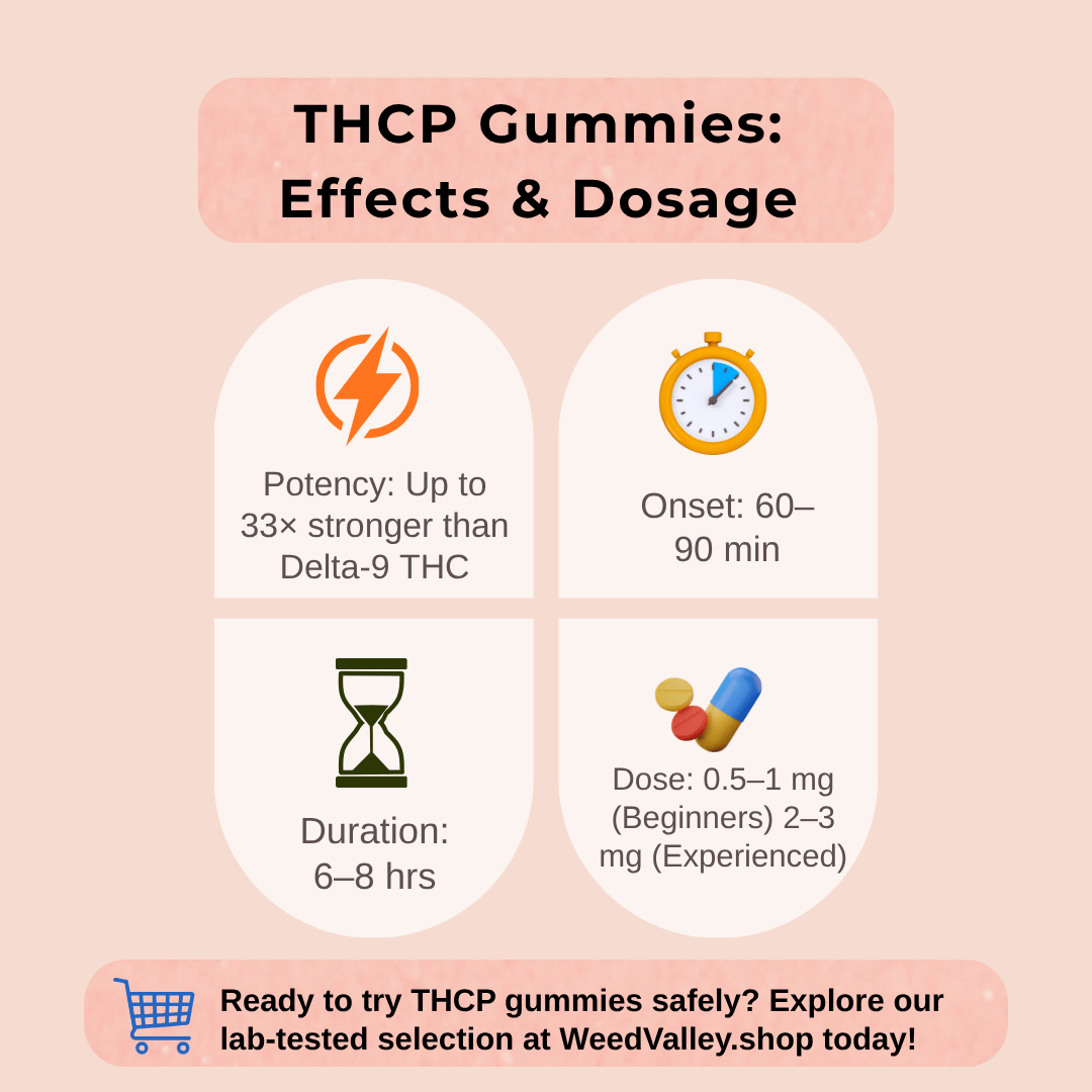 Infographic showing THCP gummies effects, onset time, duration, and recommended dosage for beginners and experienced users.