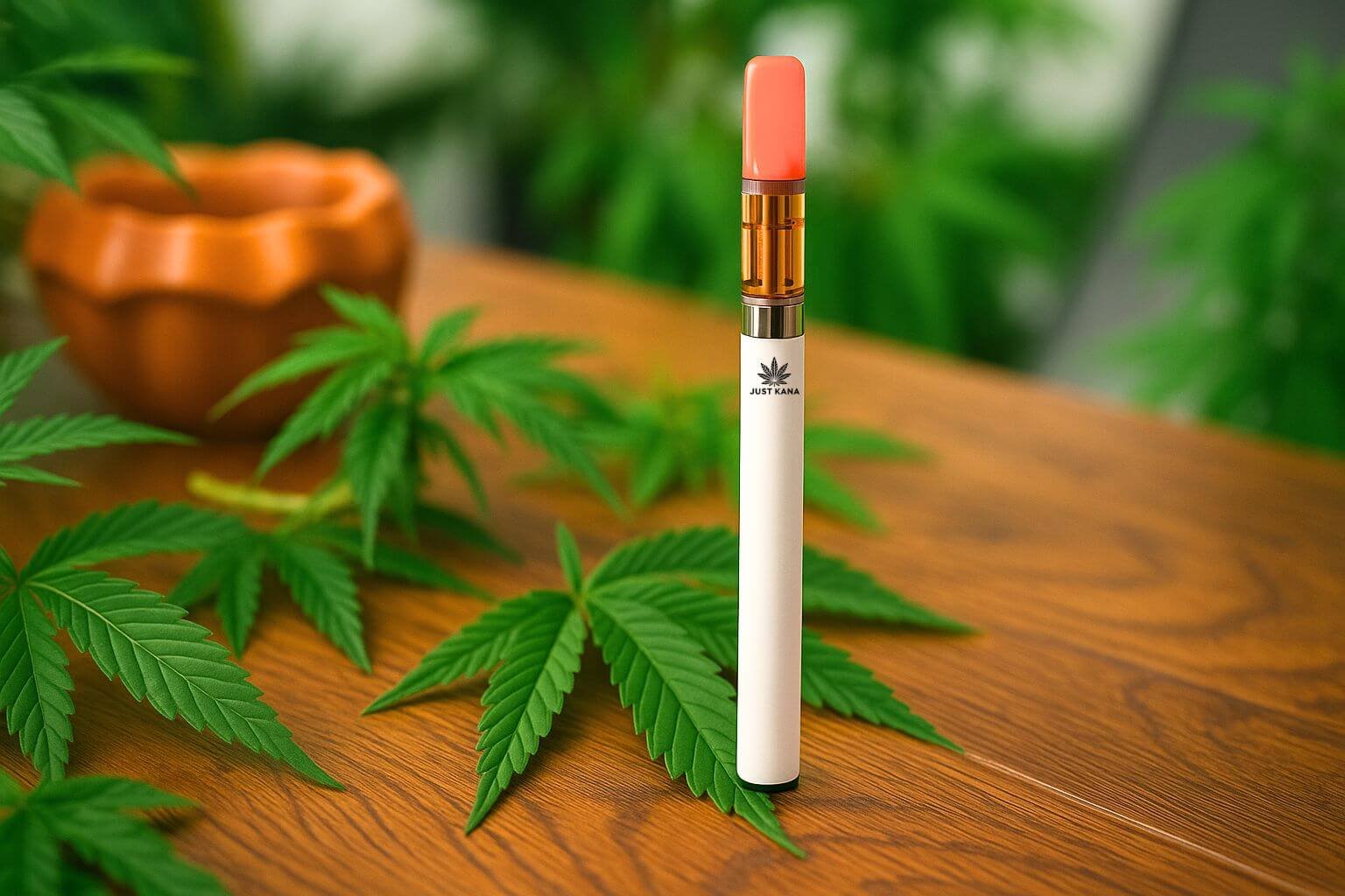 Cannabis vape pen battery with attached oil cartridge on a clean surface – representing the essential vaping power source.