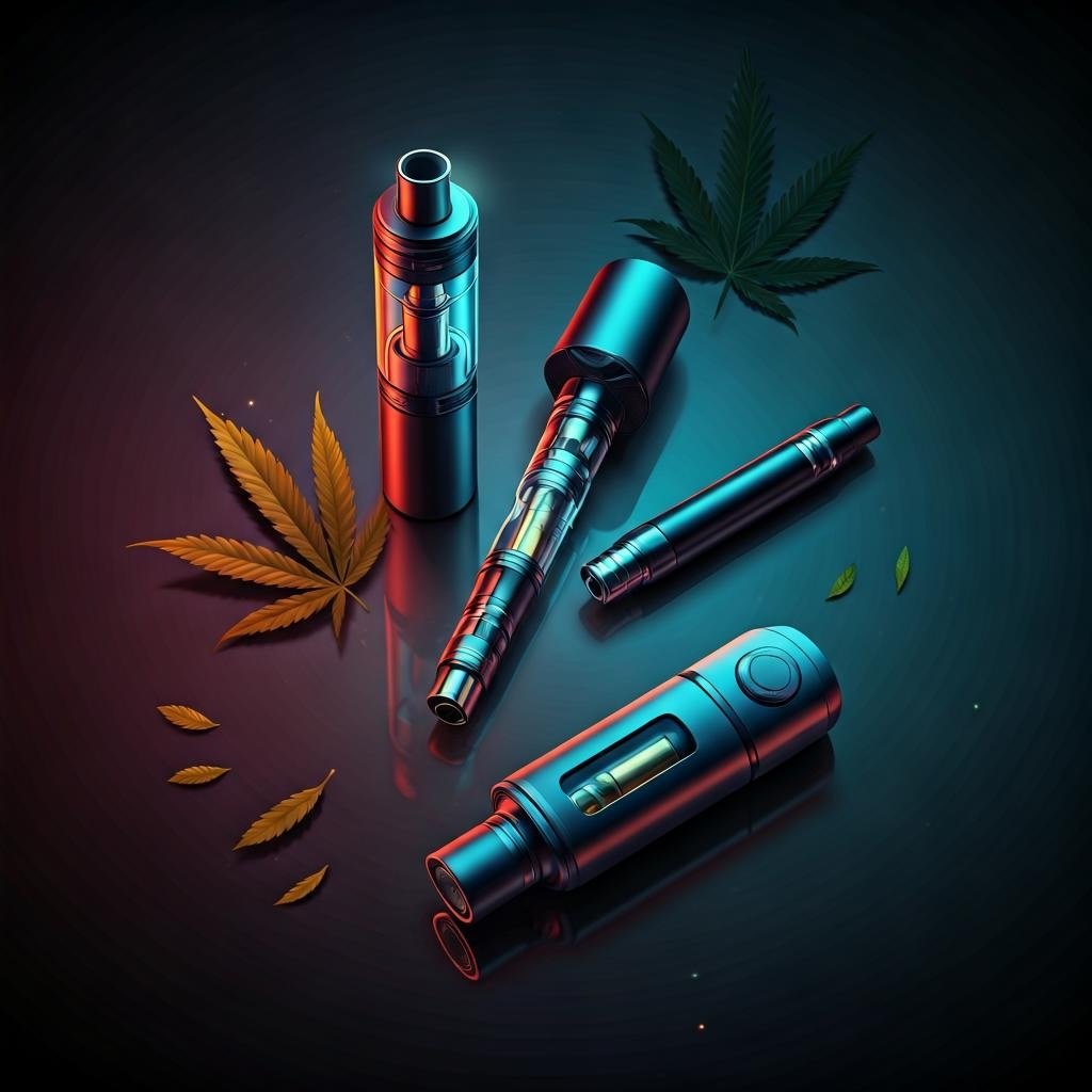 Colorful cannabis vape cartridges and cart batteries with glowing vapor and cannabis leaves