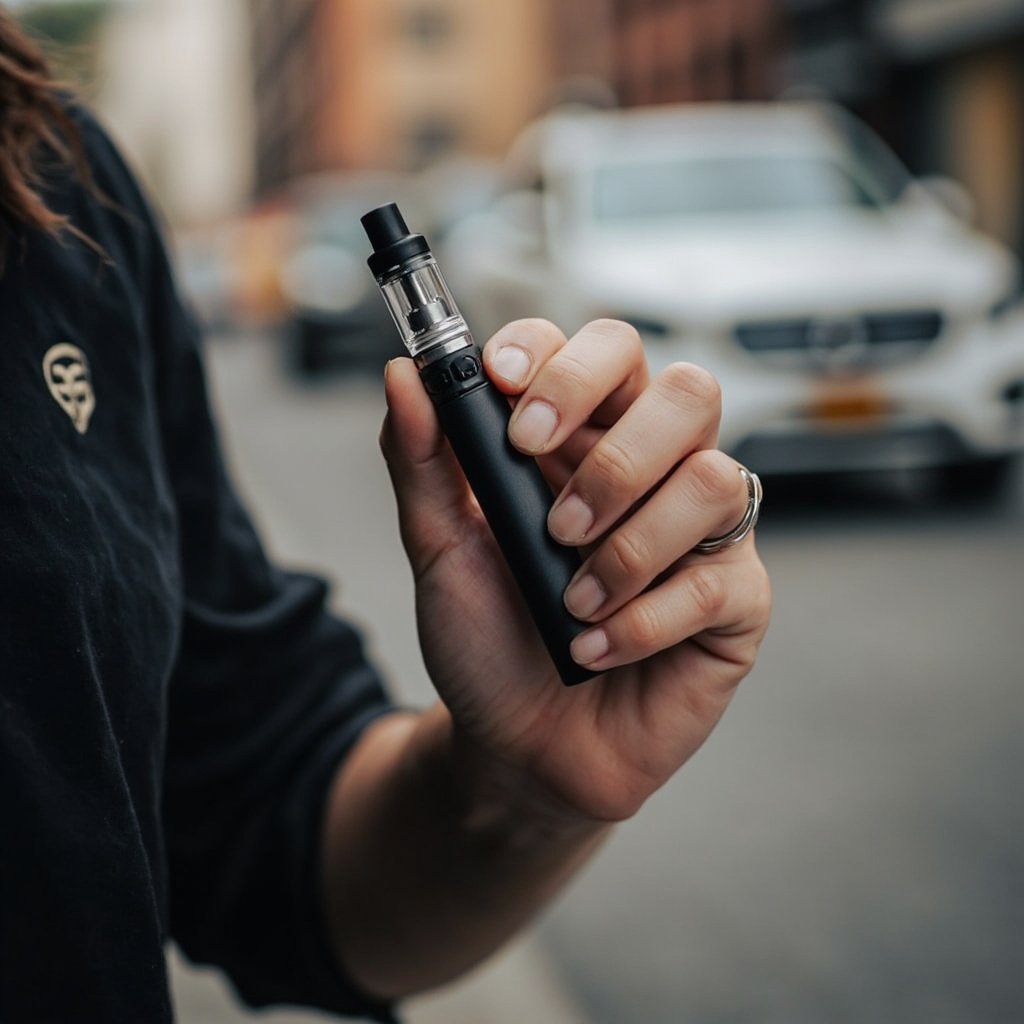 Person holding cannabis vape pen with battery and cartridge in Washington DC lifestyle setting