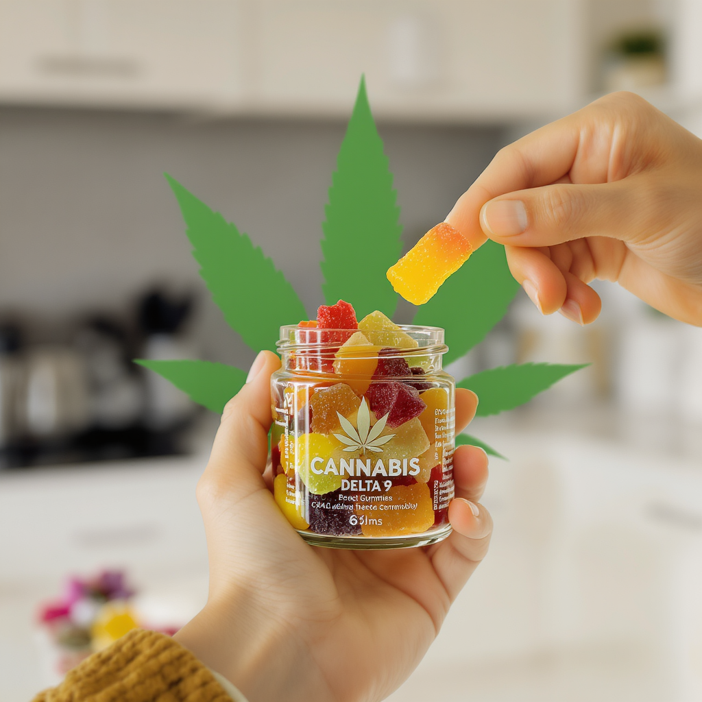 Person holding a jar of colorful delta 9 cannabis gummies, showing a single gummy in hand in a bright, cozy setting