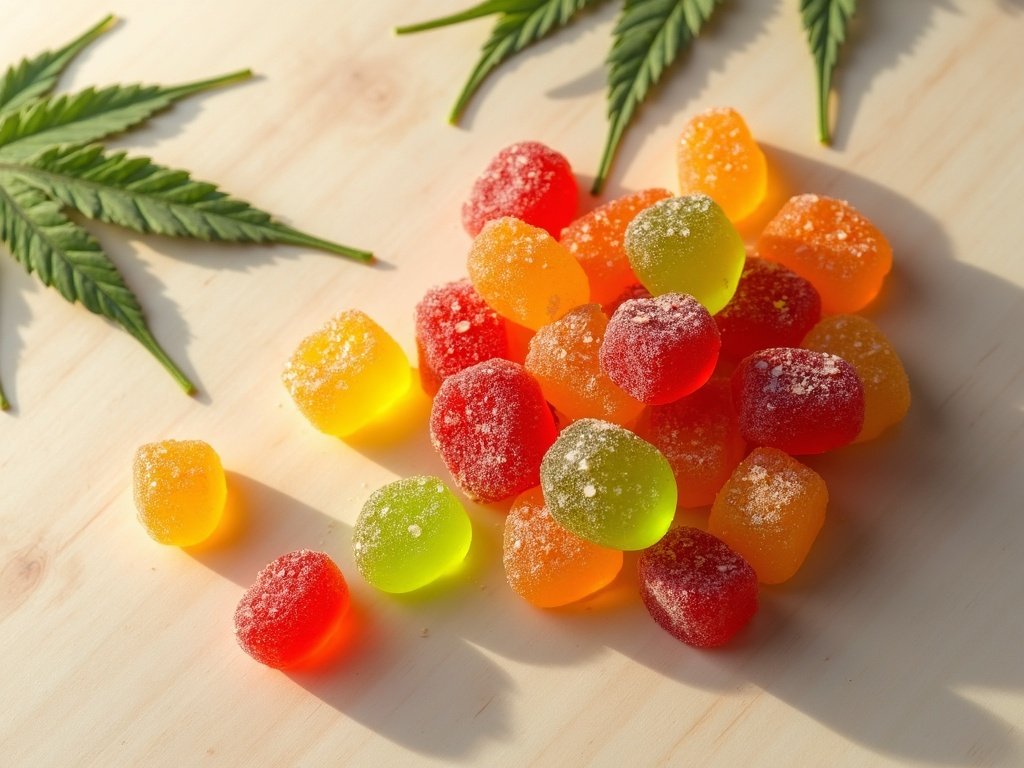 Colorful THCP cannabis gummies on a wooden surface with cannabis leaves, showing dosage and potency in a clean, visually appealing arrangement.