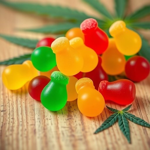 Close-up of colorful Delta 9 THC gummies with cannabis leaves, representing lab-tested hemp-derived edibles.