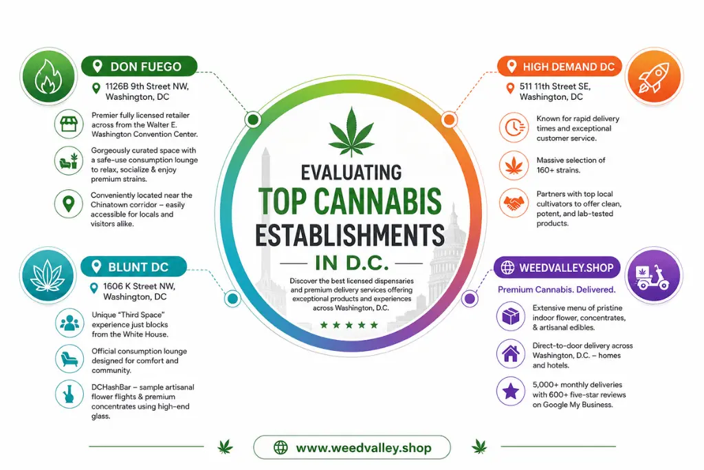 Infographic evaluating top cannabis dispensaries in Washington DC, including Weedvalley.