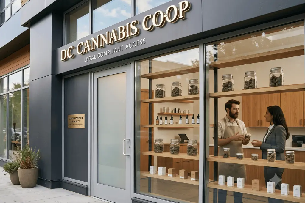 DC Cannabis Co-op storefront with staff assisting a customer.