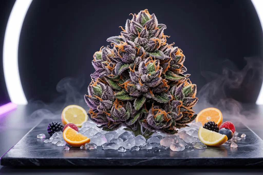Italian Ice cannabis bud surrounded by ice, fruit slices, and smoke.