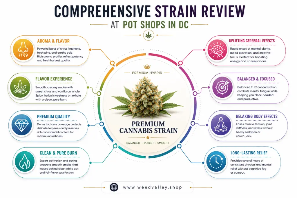 Infographic showing characteristics of premium cannabis strains available at DC pot shops.