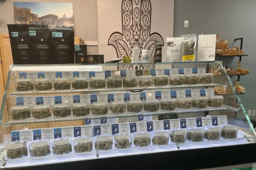 Display case in DC dispensary with many strains of cannabis for sale.
