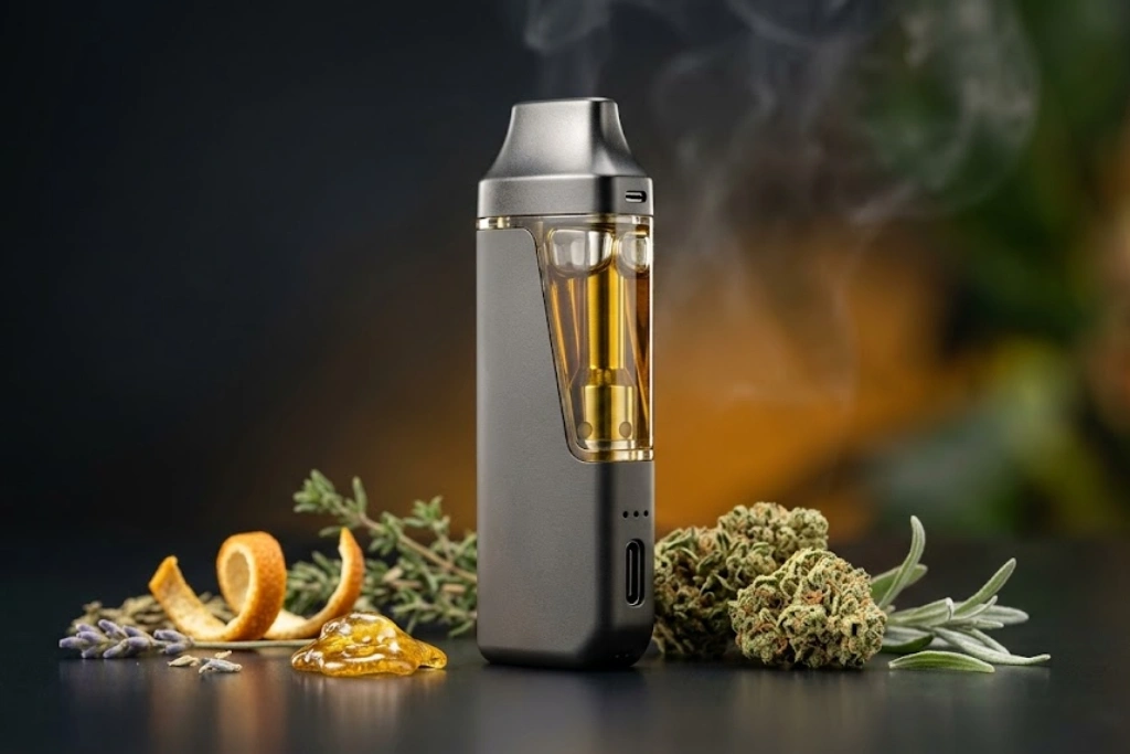 Muha Meds disposable vape pen with cannabis flower and orange peel garnish.