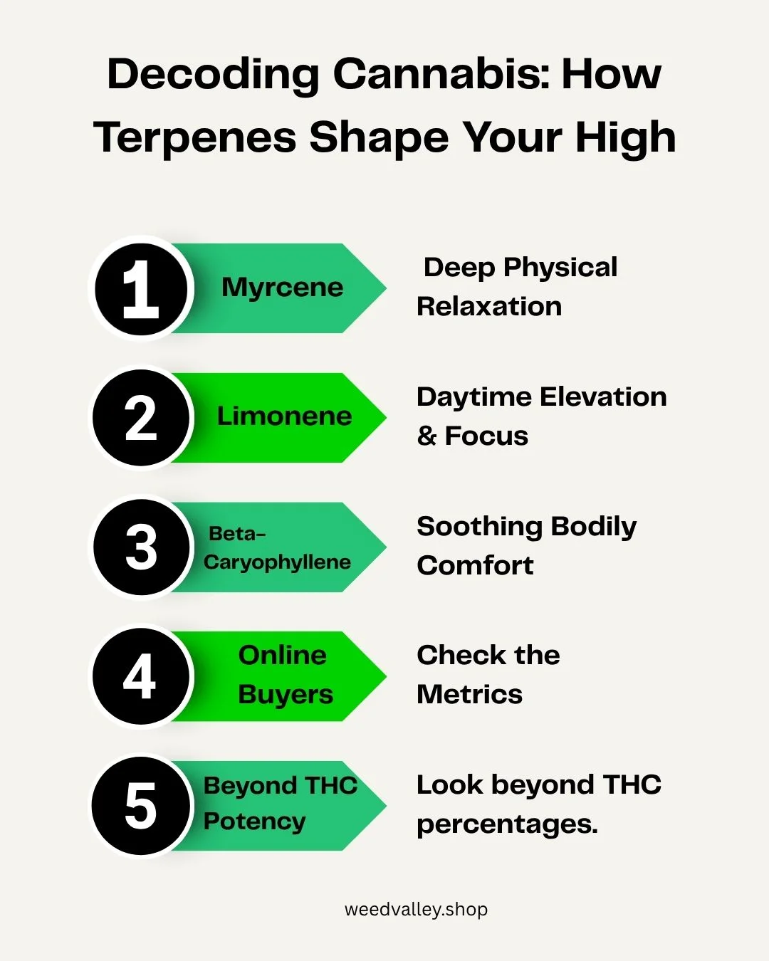 Cannabis terpenes explained: Myrcene, Limonene, Beta-Caryophyllene & more.