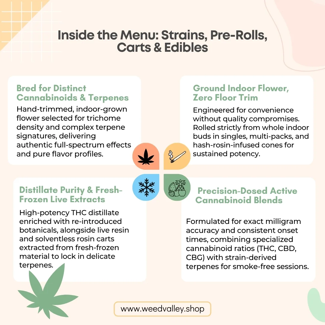 Cannabis menu breakdown: Strains, pre-rolls, carts, edibles at Weedvalley Washington DC.