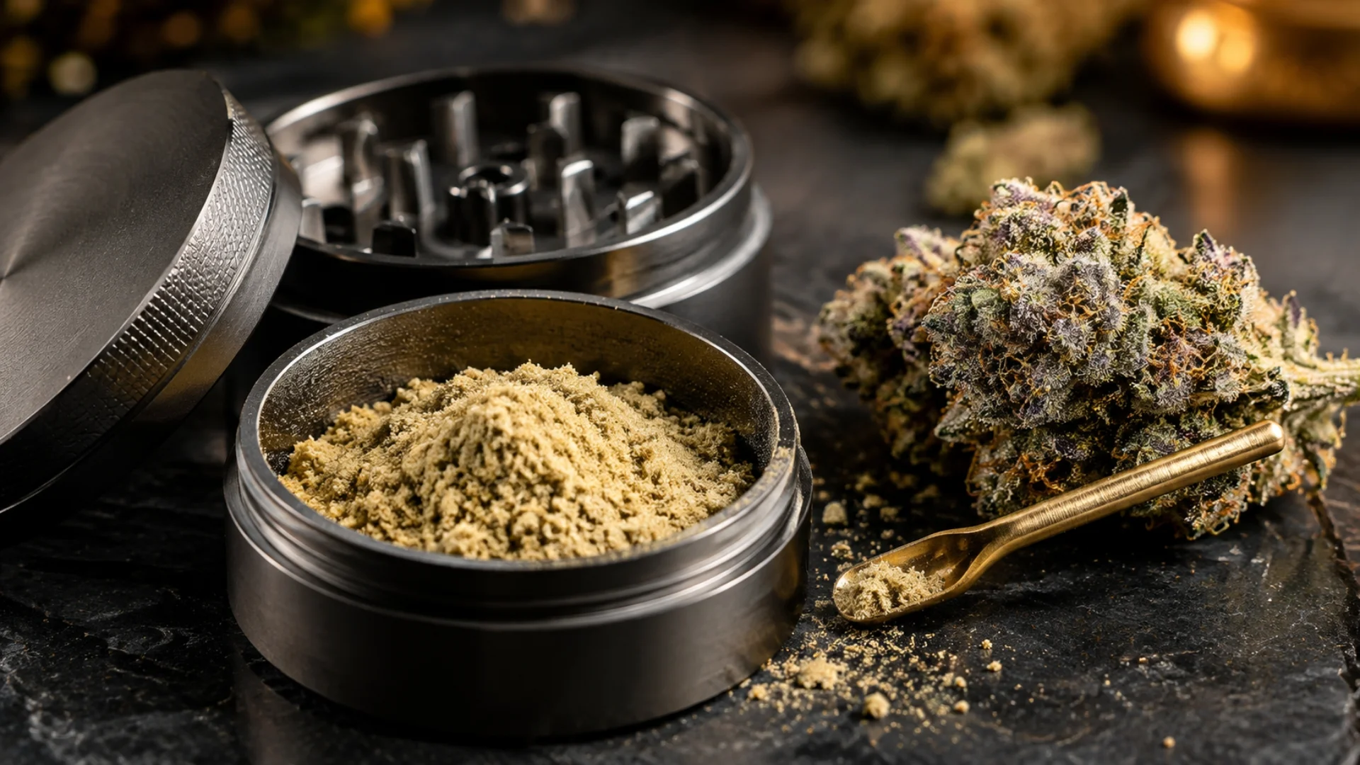 Cannabis kief collected in a grinder, with buds and a scoop.
